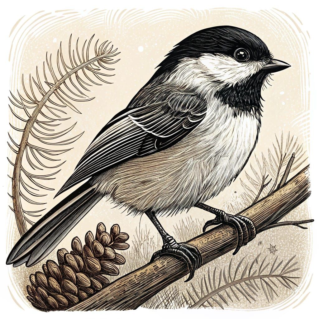 Folk Art Chickadee in Bold Woodcut Style