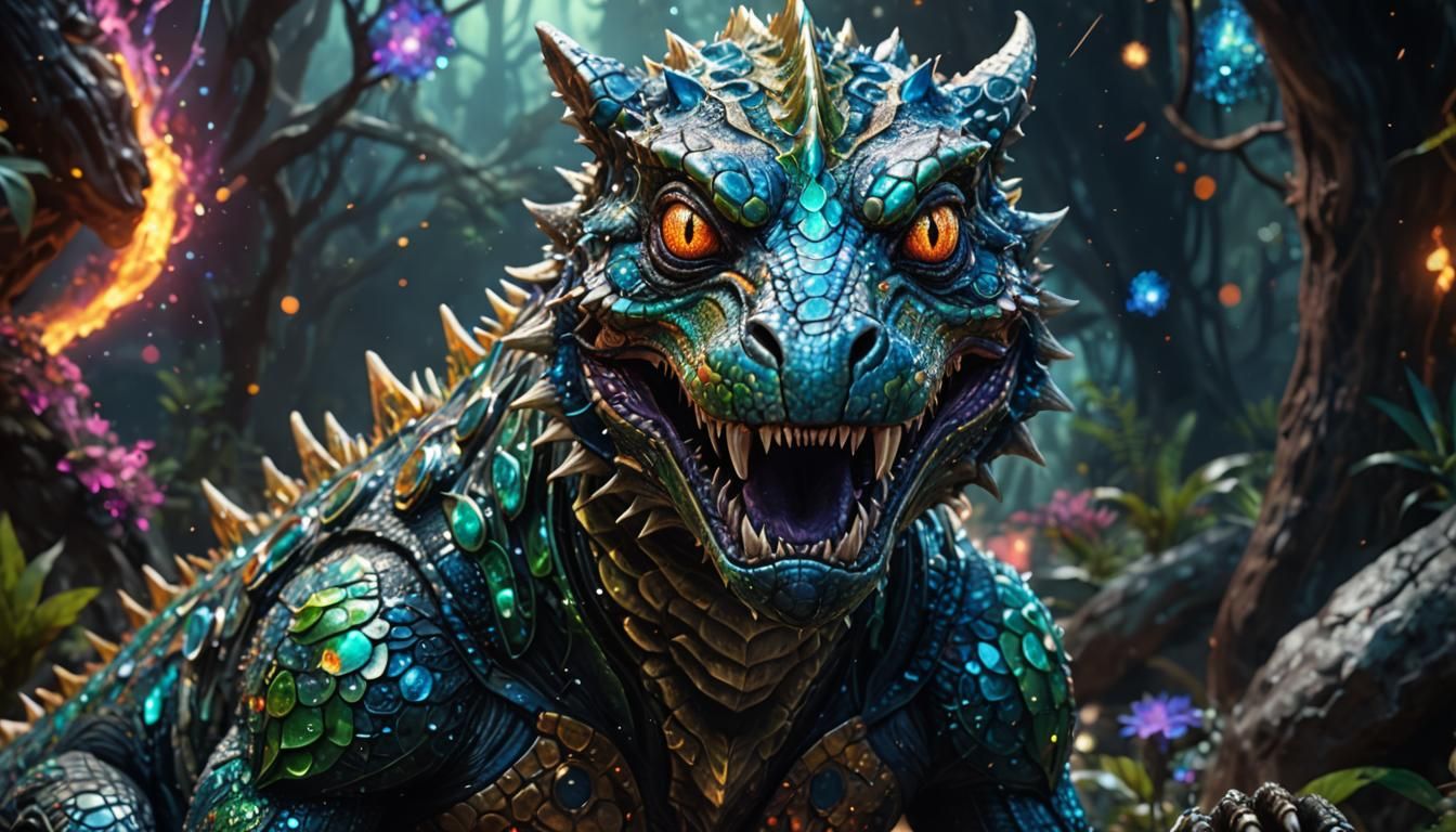 Glittered Lizardwolf Creature in Holographic Astral Style