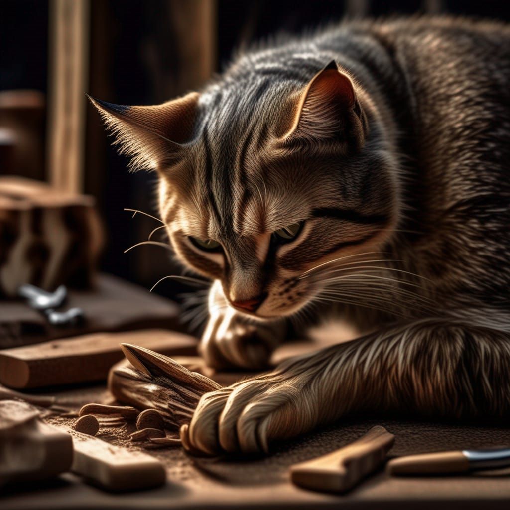Hyperrealistic Cat Whittling Wood with Claws