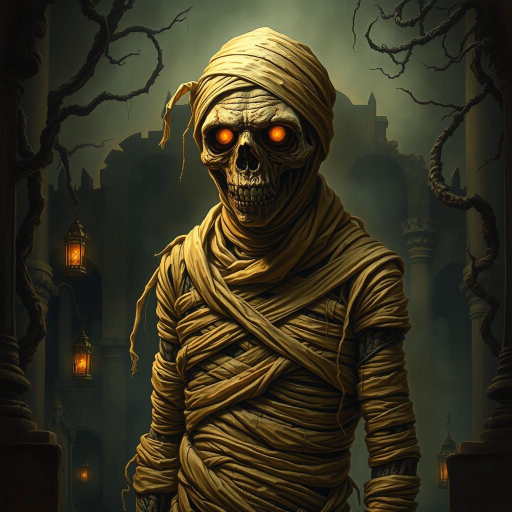 Gothic Horror Mummy Figure in Golden Linens