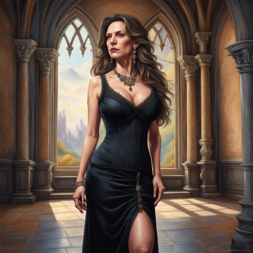 Elegant Lady in Black Dress in Castle Hall