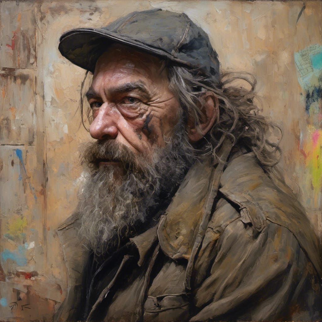 Gritty Oil Painting of a Bearded Hobo