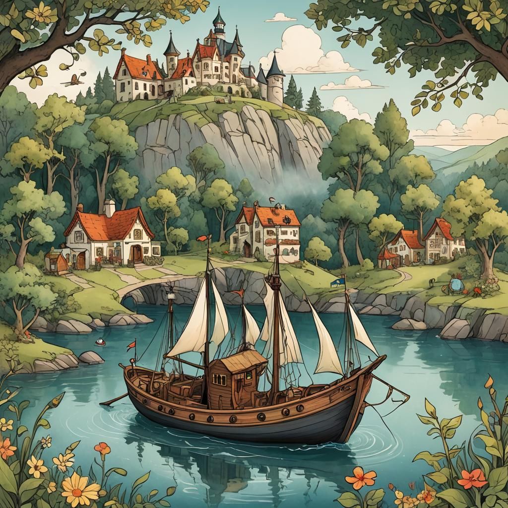 Charming Storybook Boat Illustration