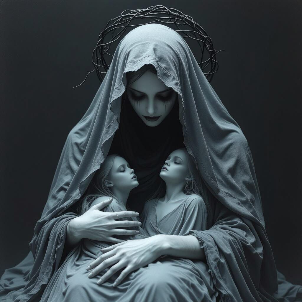 Haunting Veiled Woman in Mourning Cloth