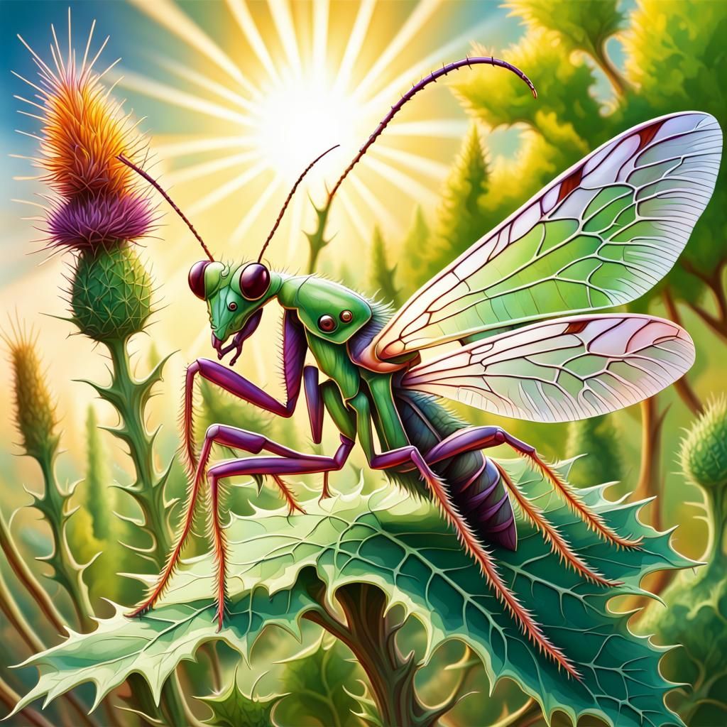 Hyperdetailed Thistle Mantis in Airbrush Style