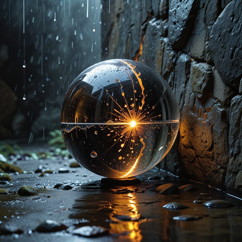 Pressed against wet stone, the orb remains motionless, its g...