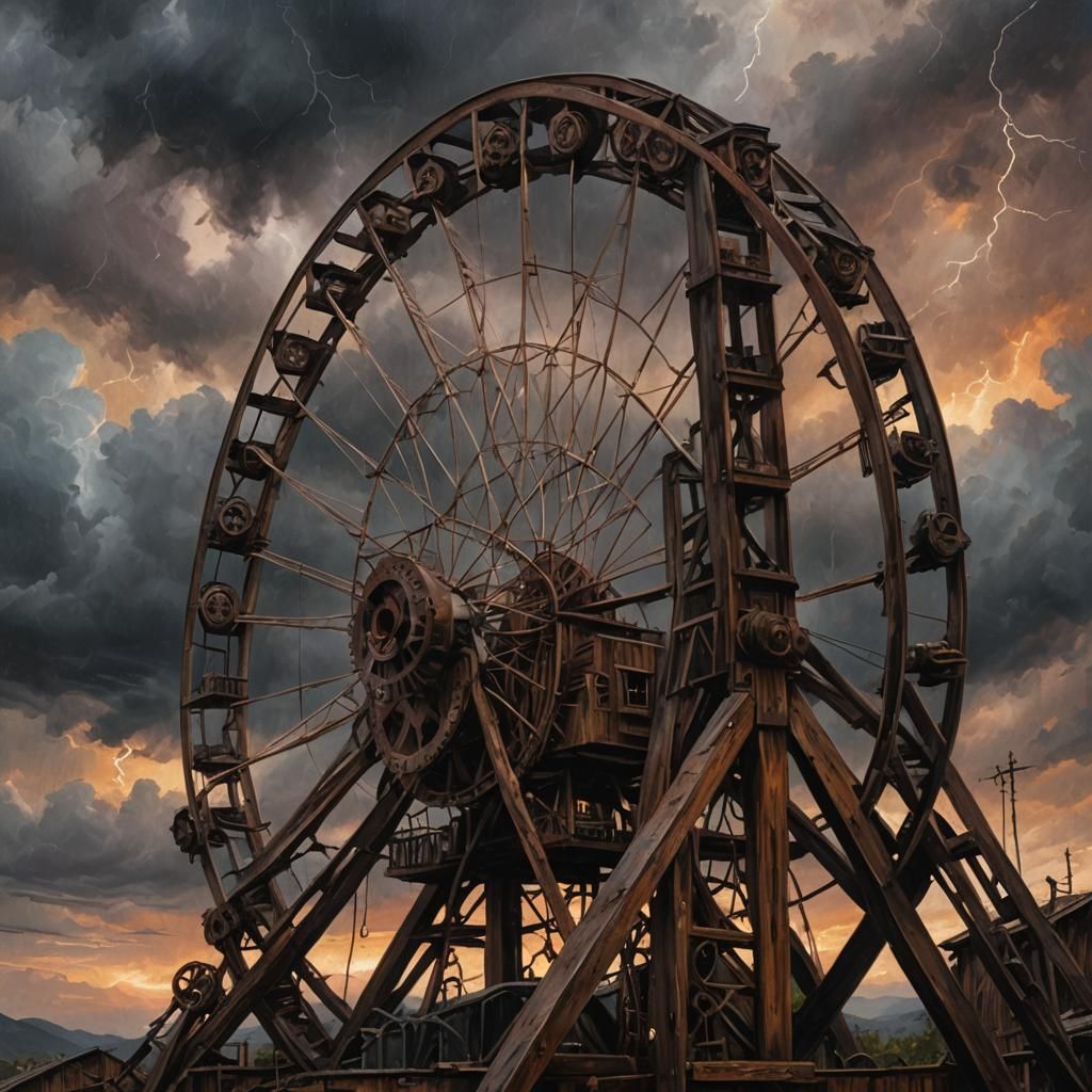 Dystopian Ferris Wheel on Mountain, Oil Painting