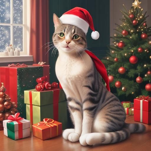 Festive Christmas Scene with Cat and Gifts