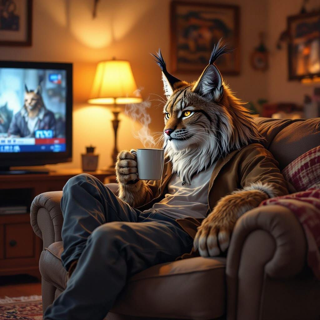 Lynx Beastman Relaxing at Home with Coffee
