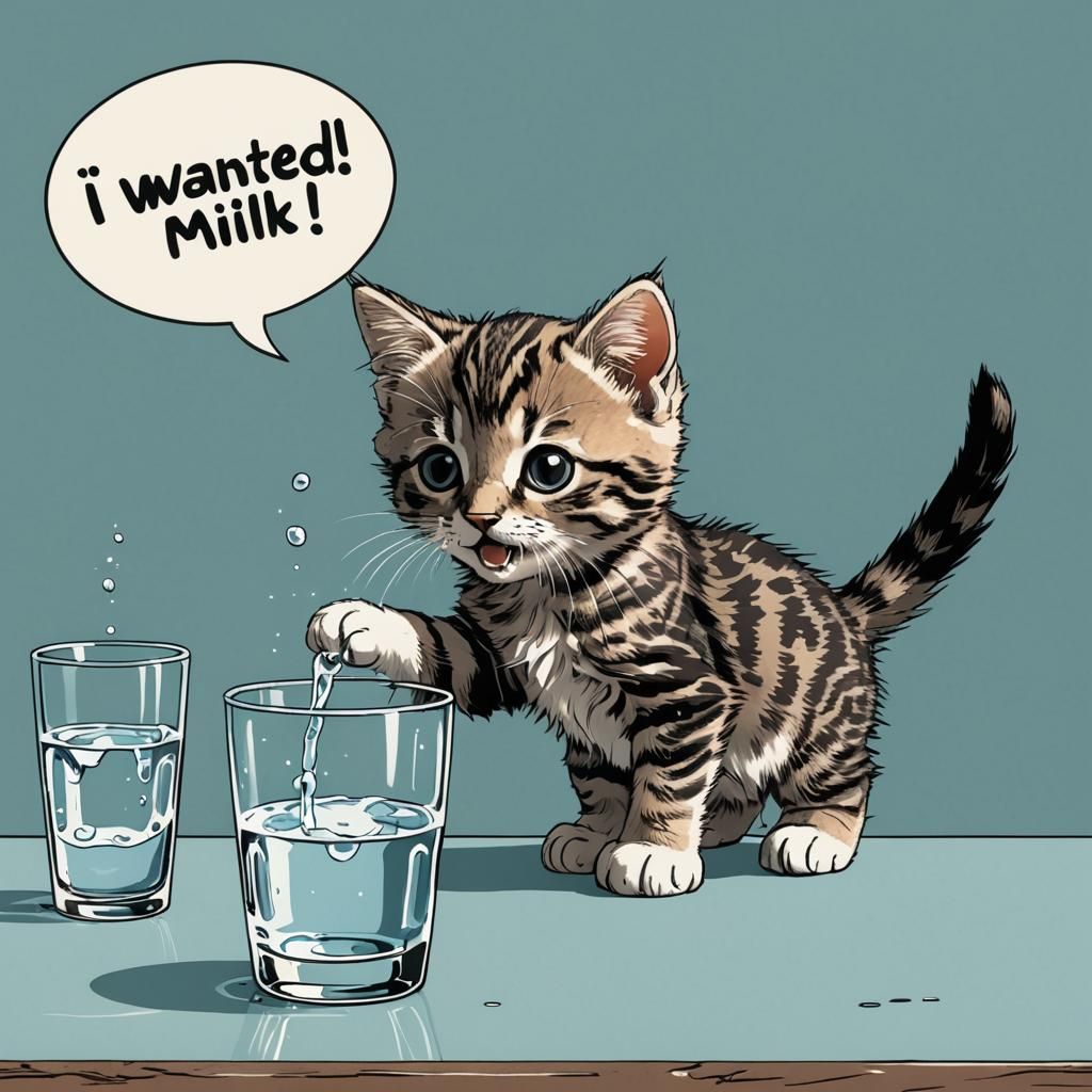 Mischievous Kitten Demands Milk in Comic Style
