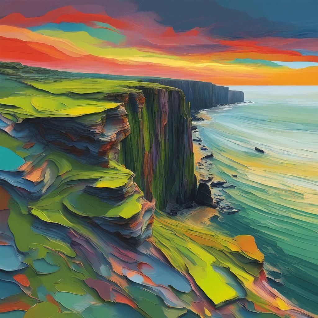 Abstract Yorkshire Cliffs: Impasto Sunset Seascape