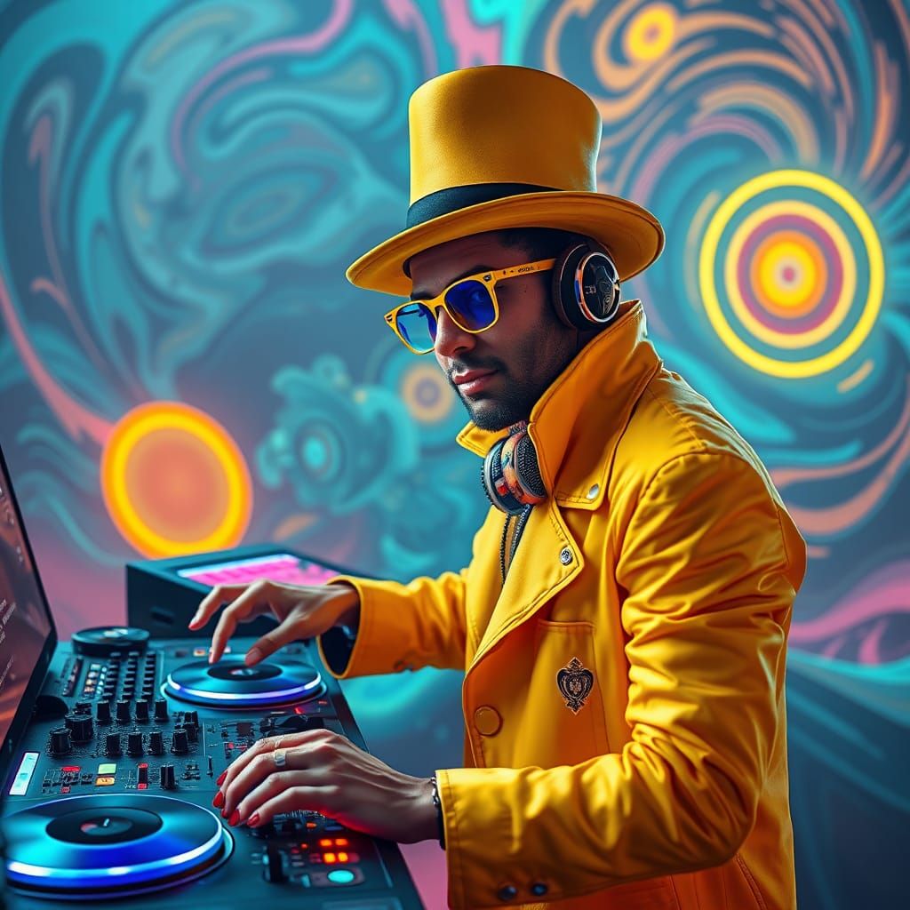 Eccentric DJ in Psychedelic Futuristic Dreamscape