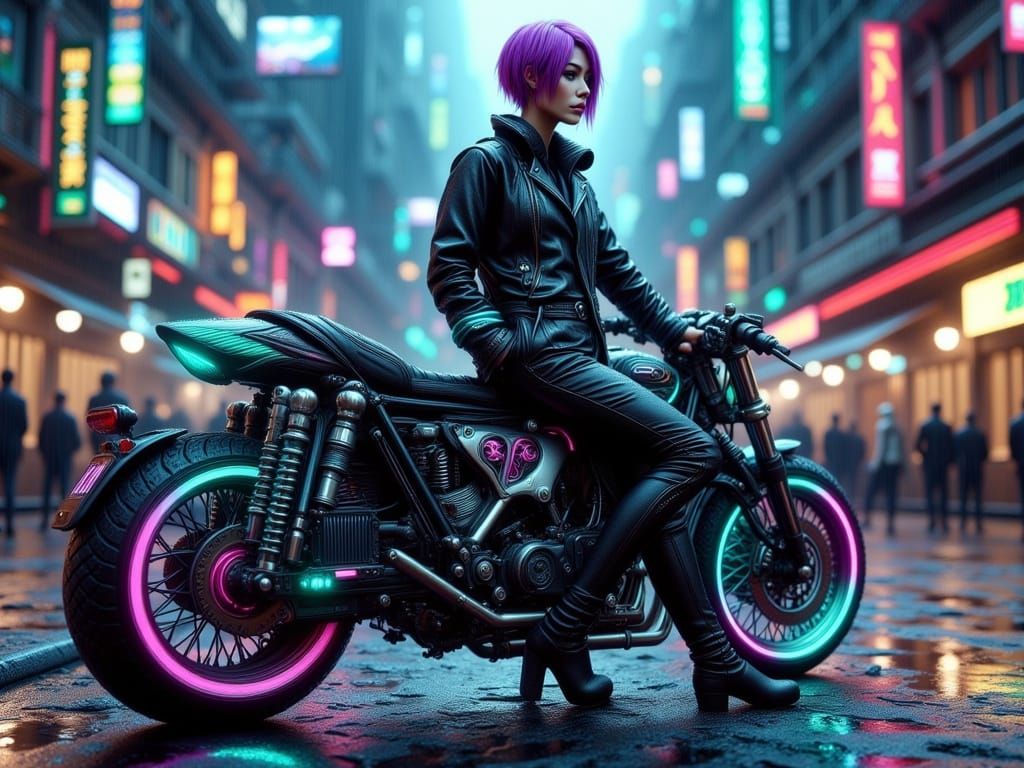 Purple Sci-Fi Protagonist on Cyberpunk Motorbike