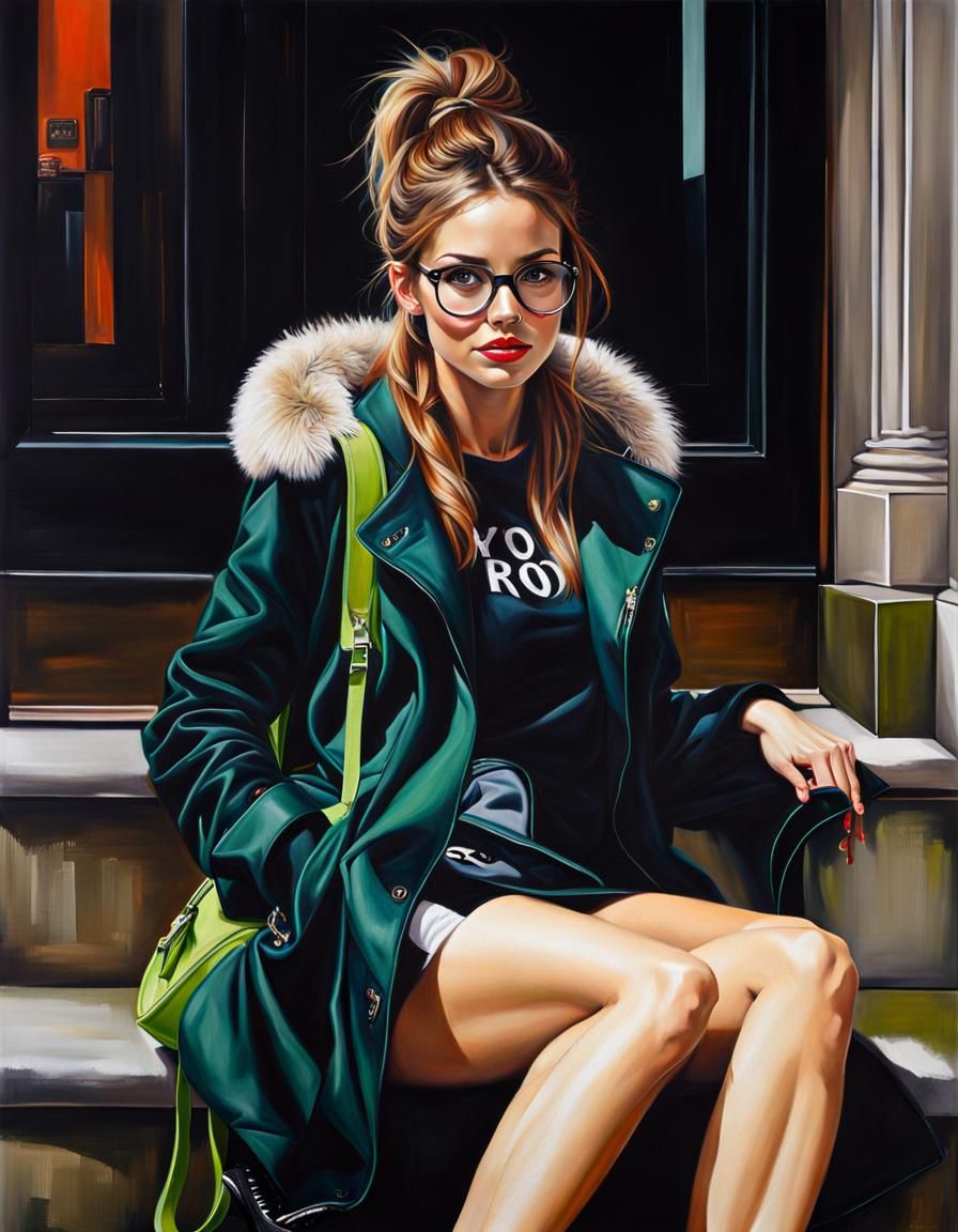 Beautiful Woman in Furry Coat: Hyperrealistic Painting