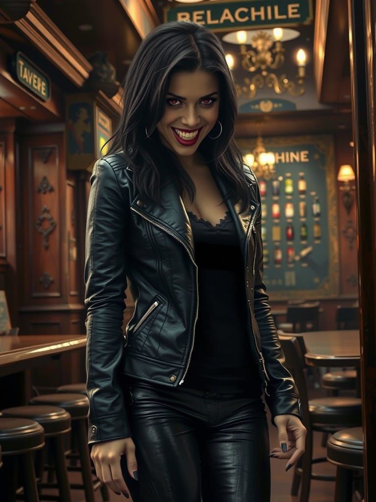 Sinister Vampire Woman Scans Dimly Lit Tavern for Next Victi...