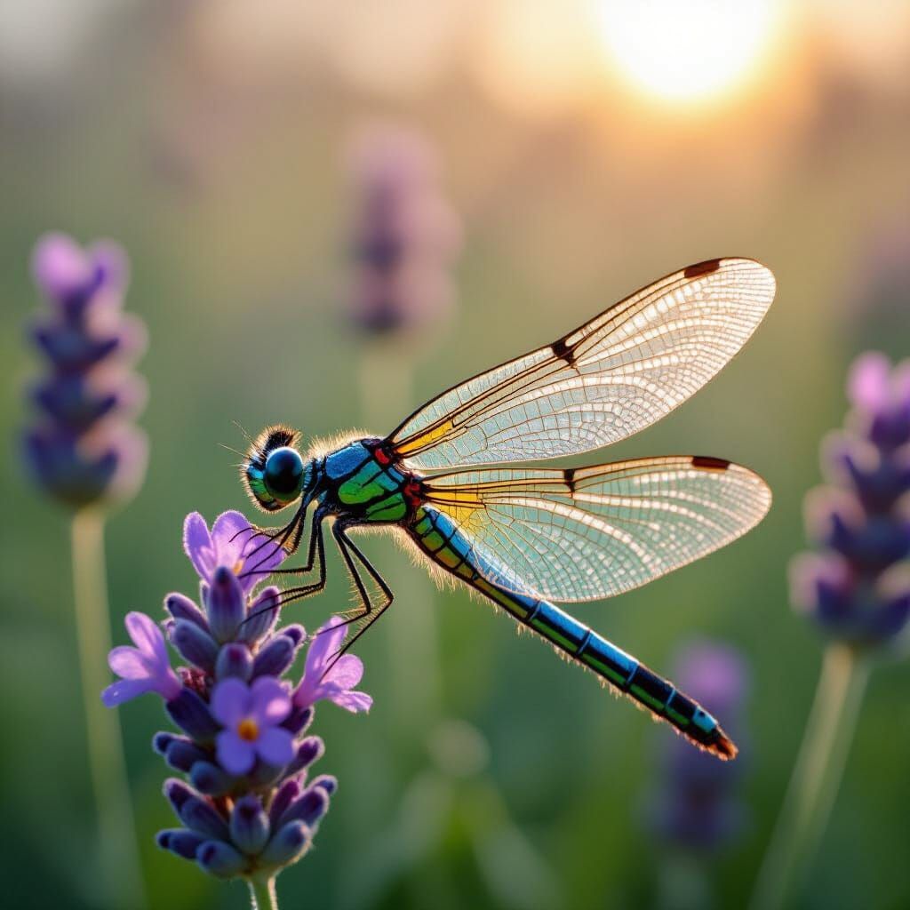 Dew-Kissed Dragonfly Wing in Meadow, Macro Photograph