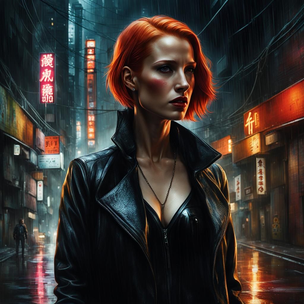 Cyberpunk Assassin in Rainy Tokyo Alley