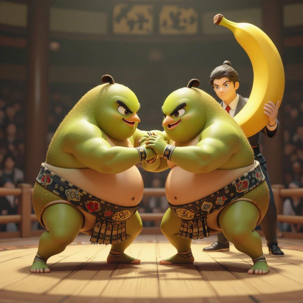 Kiwis Sumo Wrestling Banana Referee 3D Anime Art