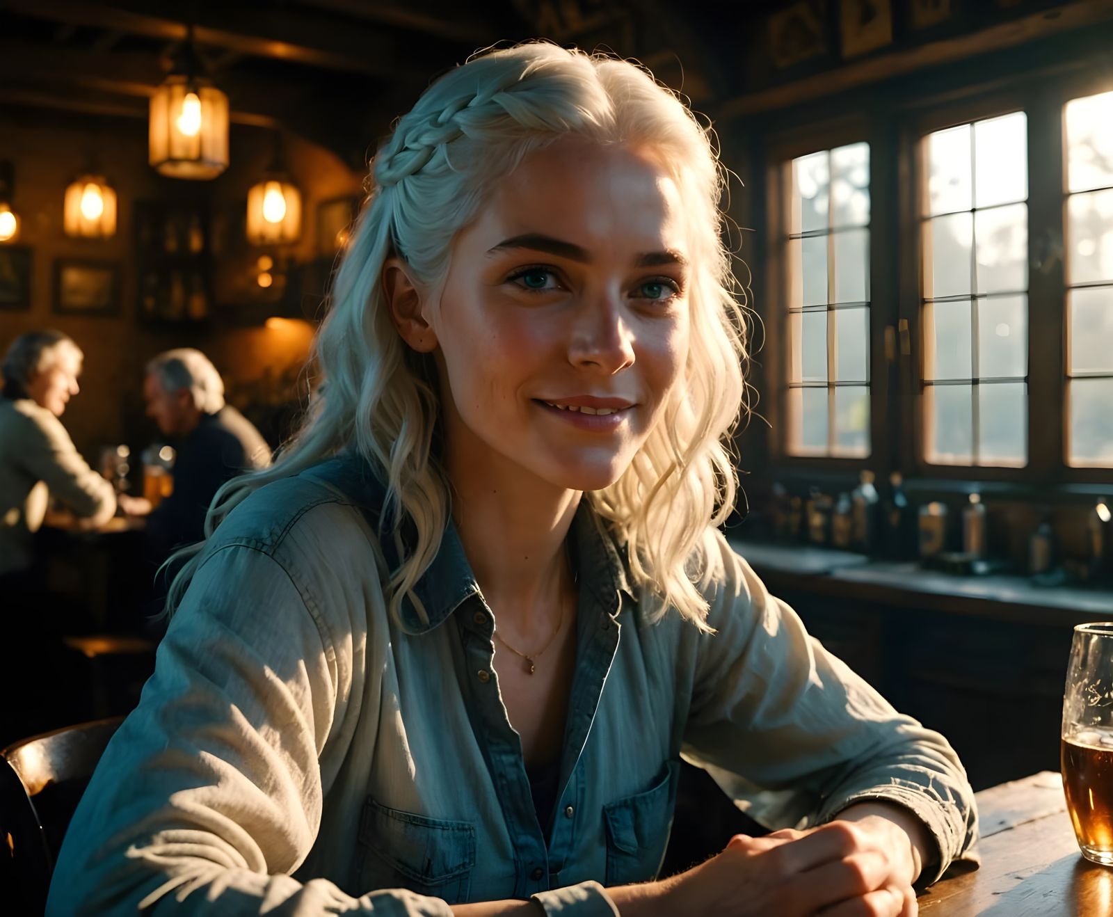 Ethereal Tavern Scene with Smiling Young Woman Basking in Go...