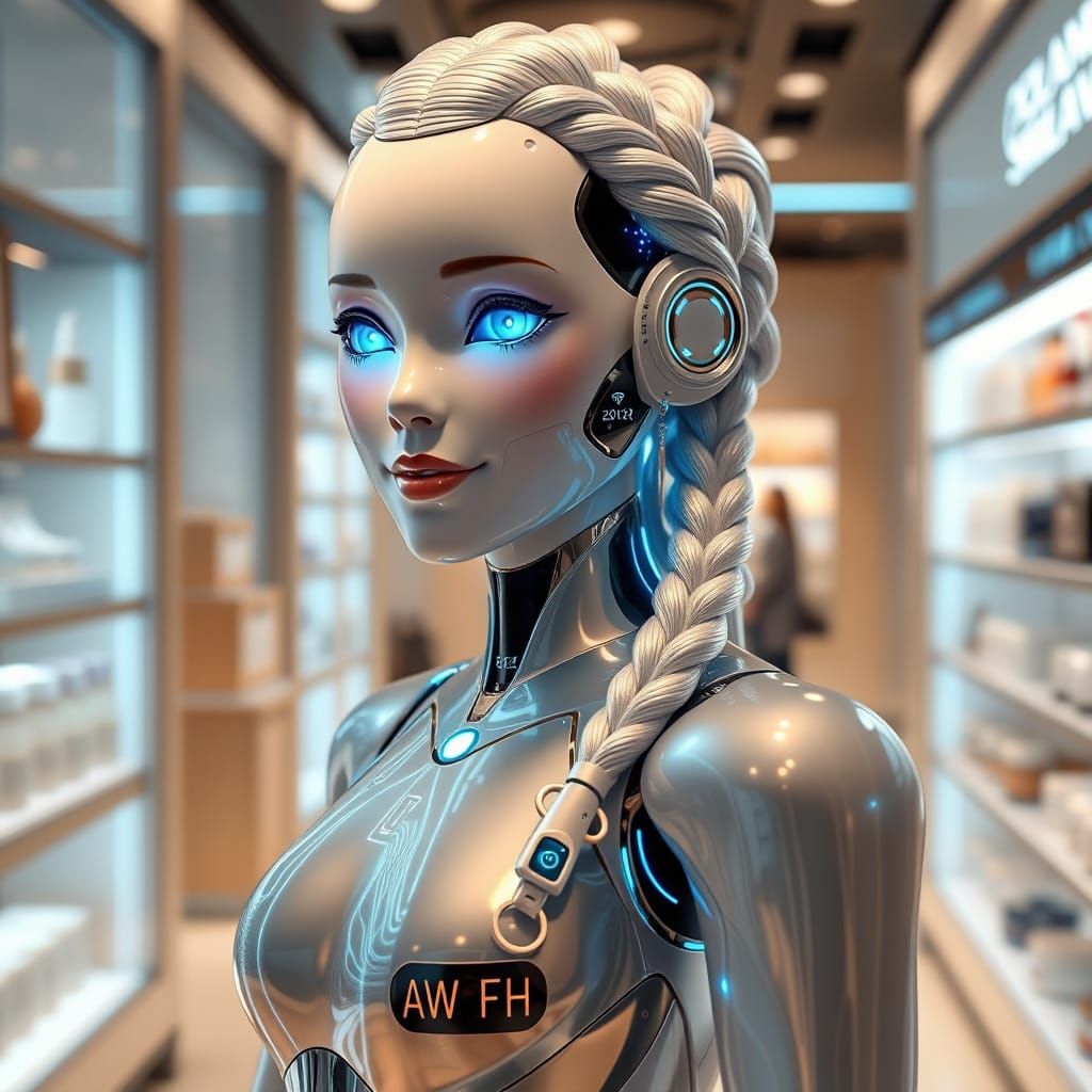 Cyberpunk Robot Woman in Skincare Store