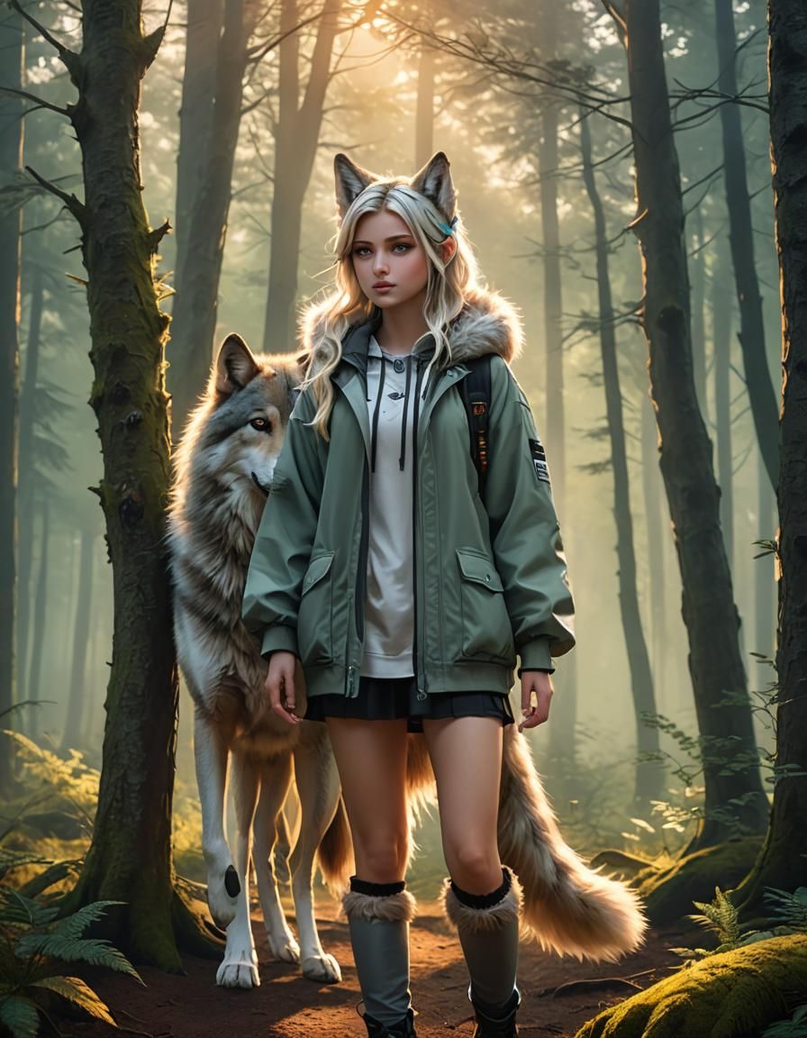 Wolf Girl in Misty Forest: Hyper-Realistic Digital Art