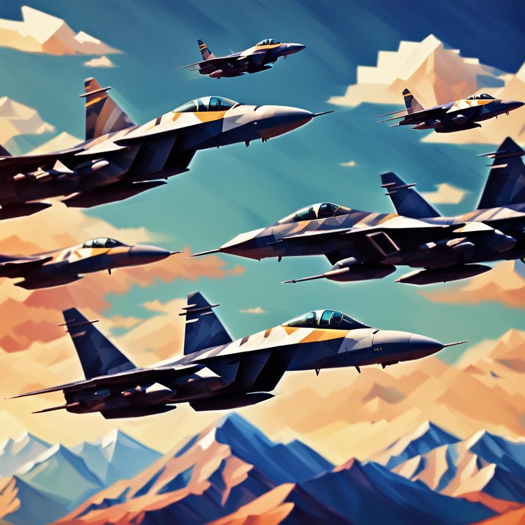 Low-Poly Fighter Jets over Pixelated Mountains