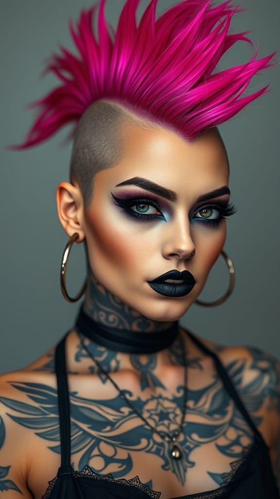Goth Punk Woman with Magenta Mohawk and Tattoos
