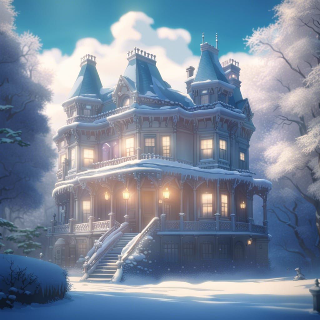 Snowy Victorian Mansion in Anime Style