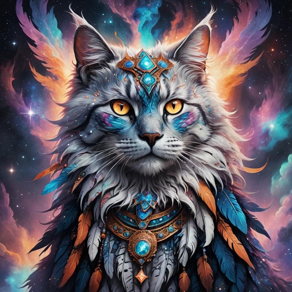 Cosmic Ghost Cat Shaman in Fantasy Art Style