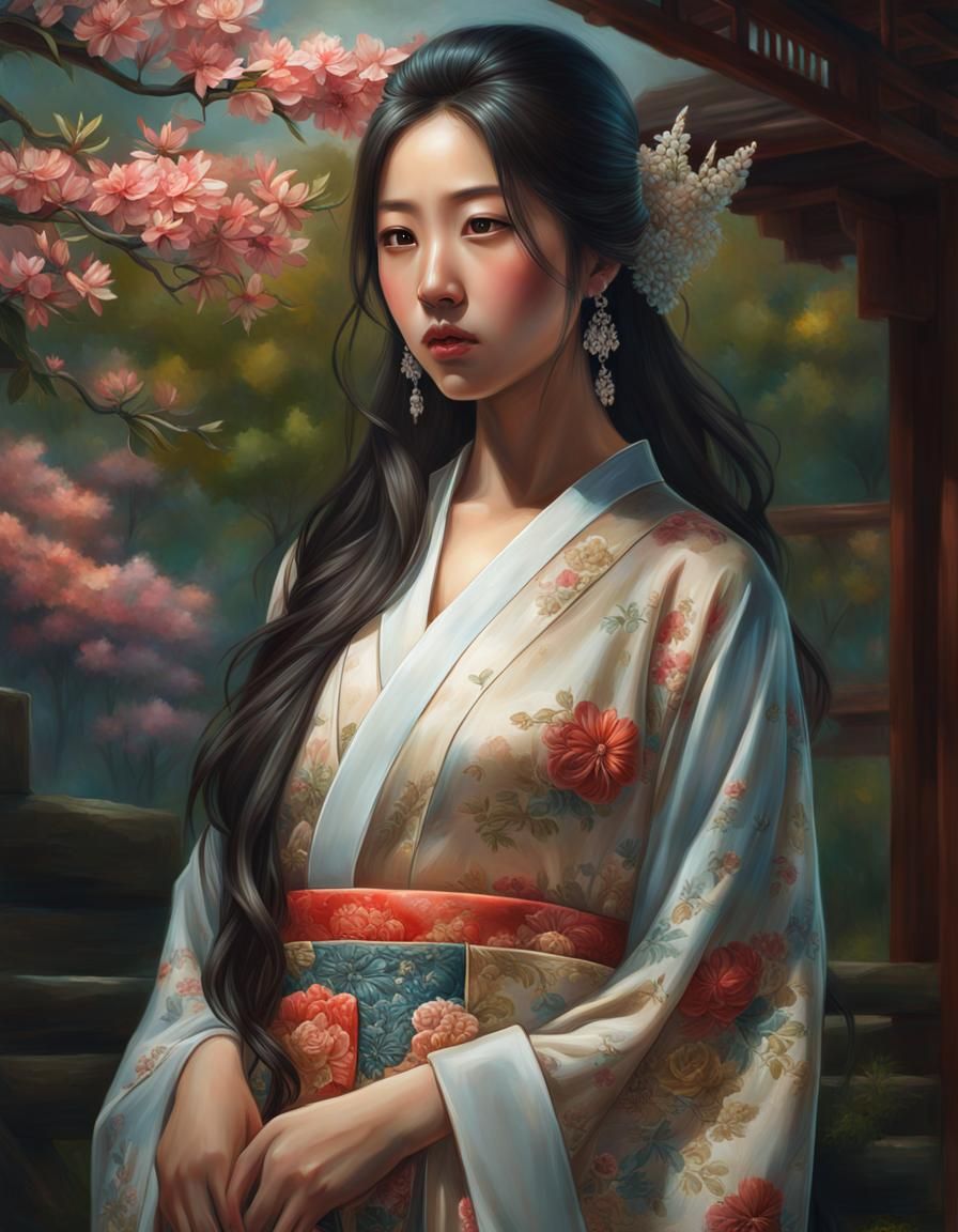 Detailed Mixed Media Portrait of a Woman in Nightgown