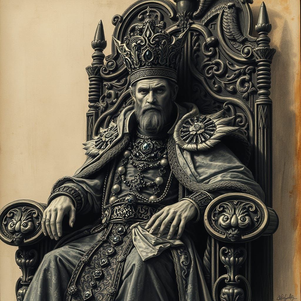 Hyperdetailed Charcoal Drawing of a Regal King
