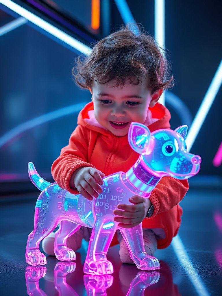 Child and Holographic Dog in Sci-Fi Setting