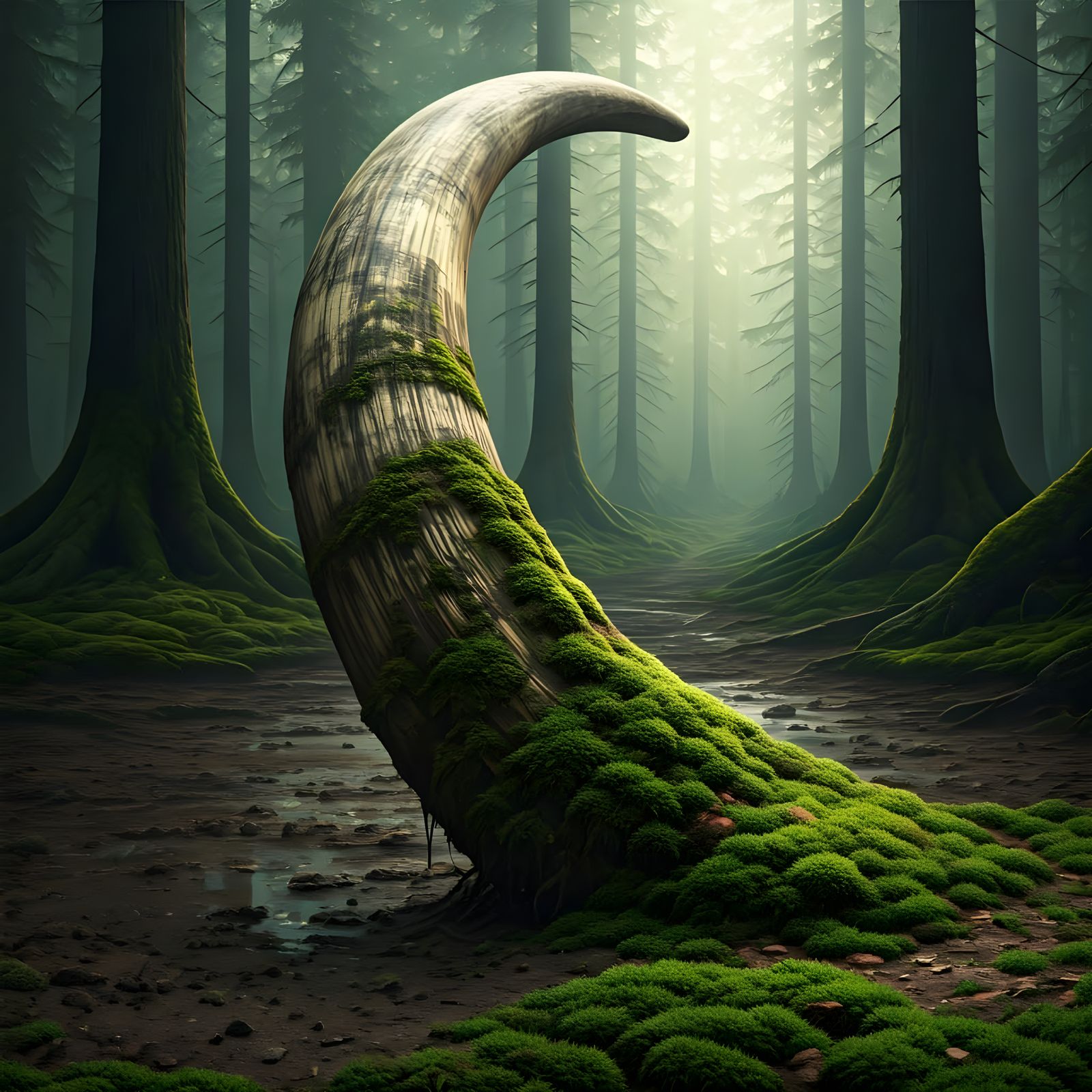 Moss-Covered Mammoth Tusk in Primeval Forest