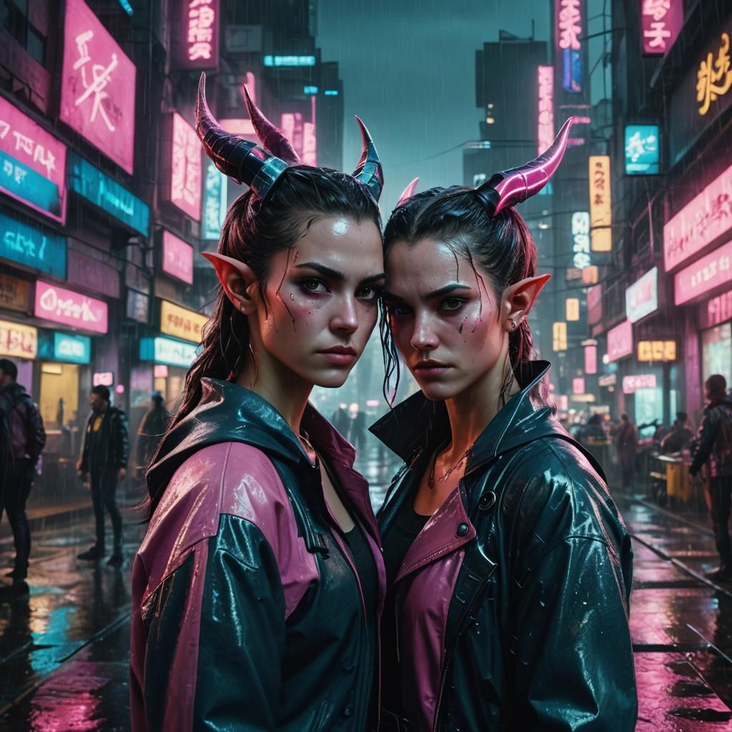 Cyberpunk Elf and Tiefling in Rainy City
