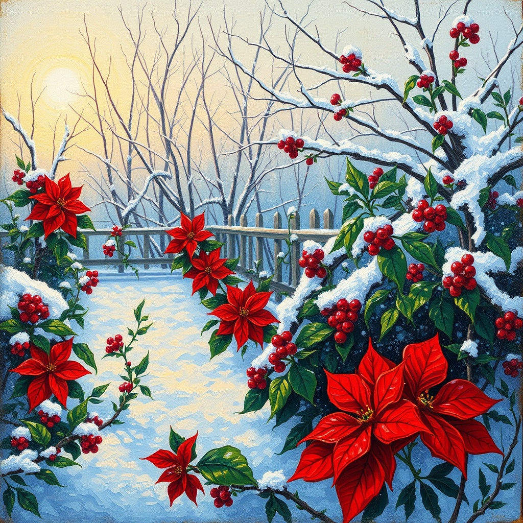 Winter Garden with Poinsettias in Impressionistic Style