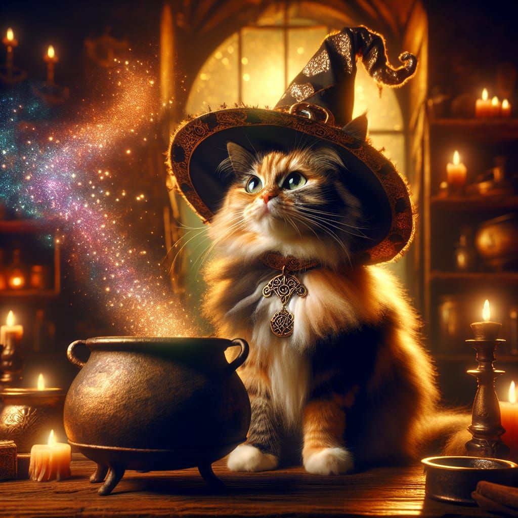Calico Cat Witch in Dusty Potion Room