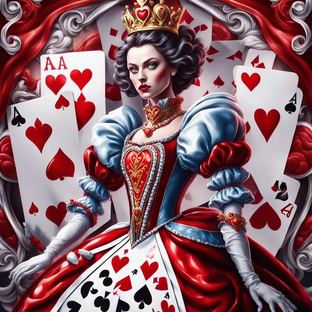 create an air brush glossy 4k digital oil painting of a highly stylized and dramatic portrayal of a Queen of Hearts play...