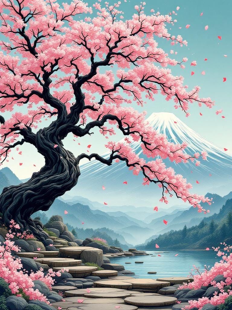 Cherry Blossoms and Mount Fuji in Ukiyo-e Style