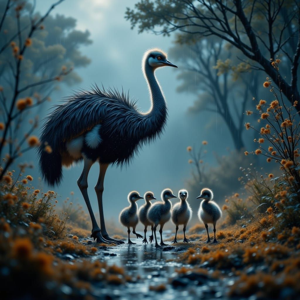 A parent Ostrich with shimmering droplets on its feathers wi...