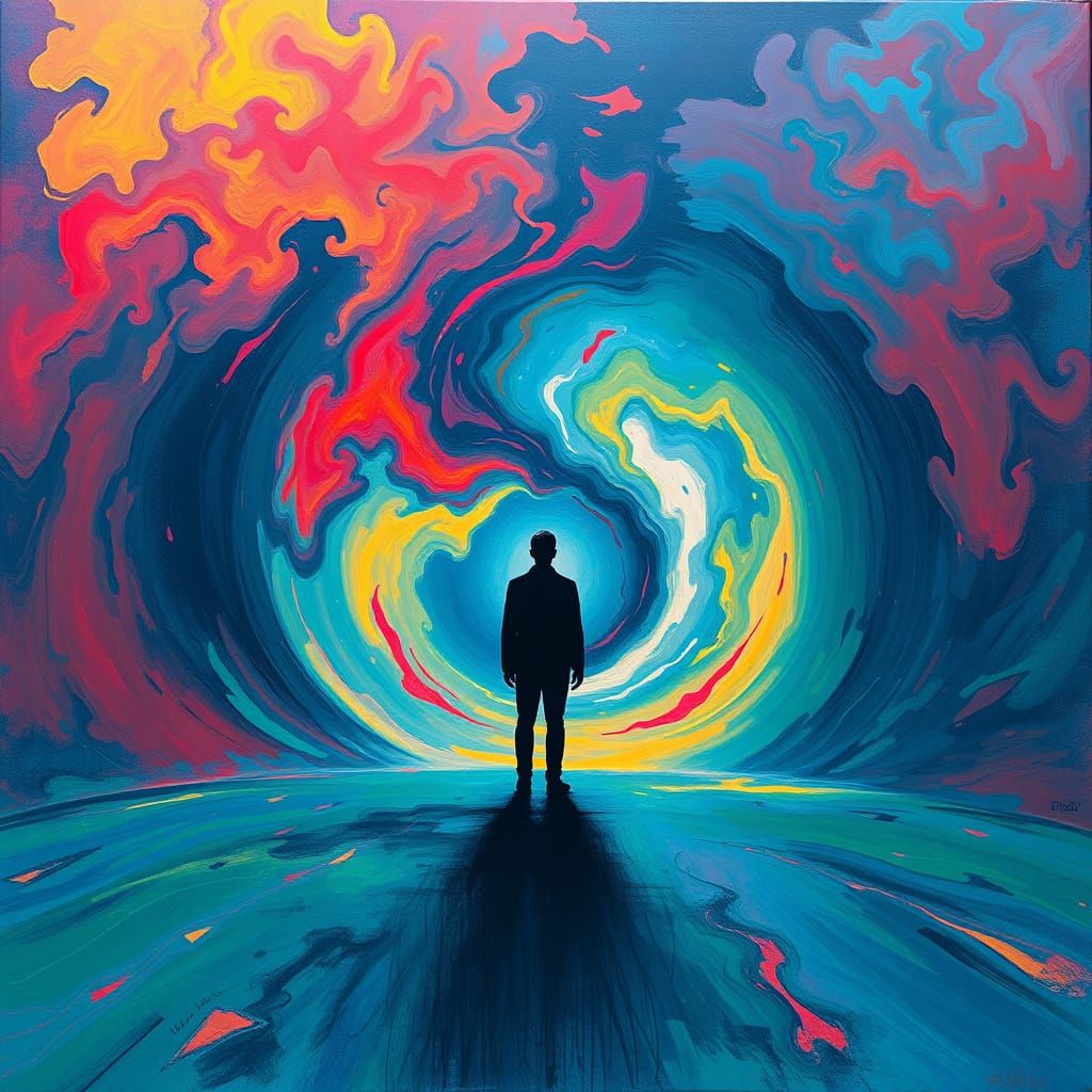 Surreal Figure Amidst Vortex of Colors