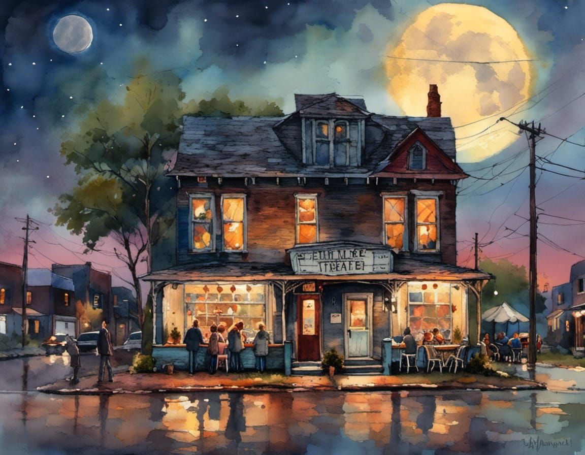 Peaceful Town Gathering on Cloudy Night