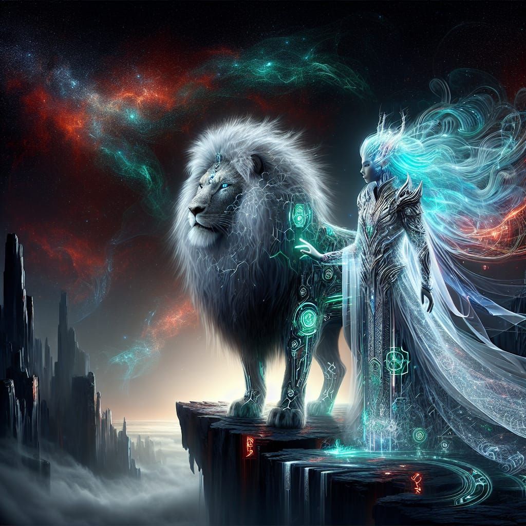 Cyberlion Majesty Under Starry Skies