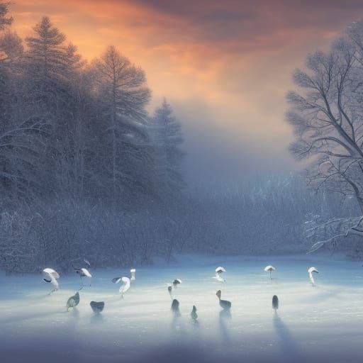 Frozen Lake Winter Scene at Sunset