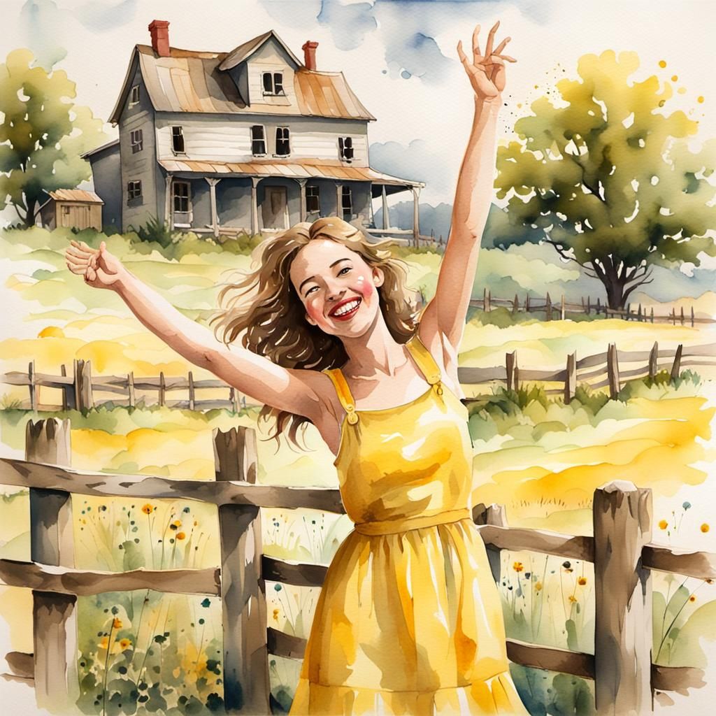 Joyful Farm Girl in Watercolor Countryside Painting