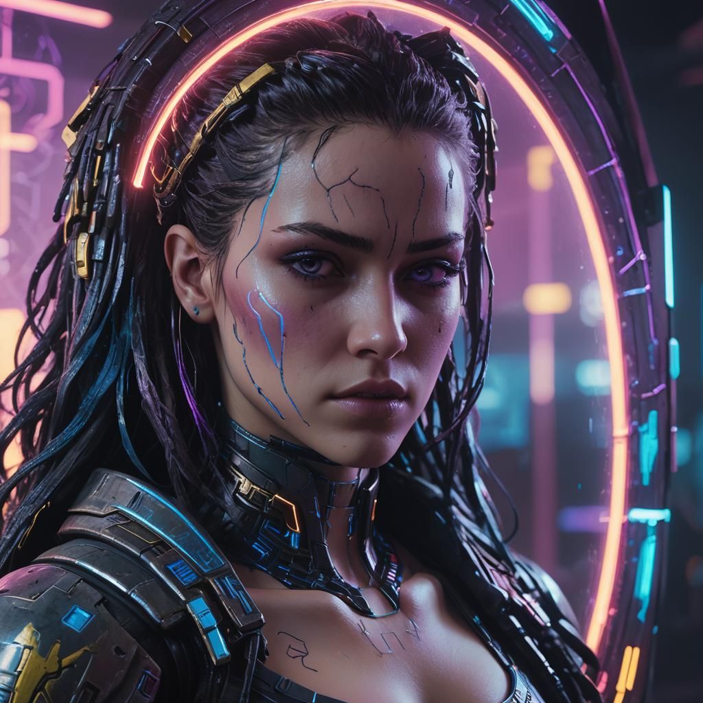 Girl Sees Death Angel in Cyberpunk Mirror