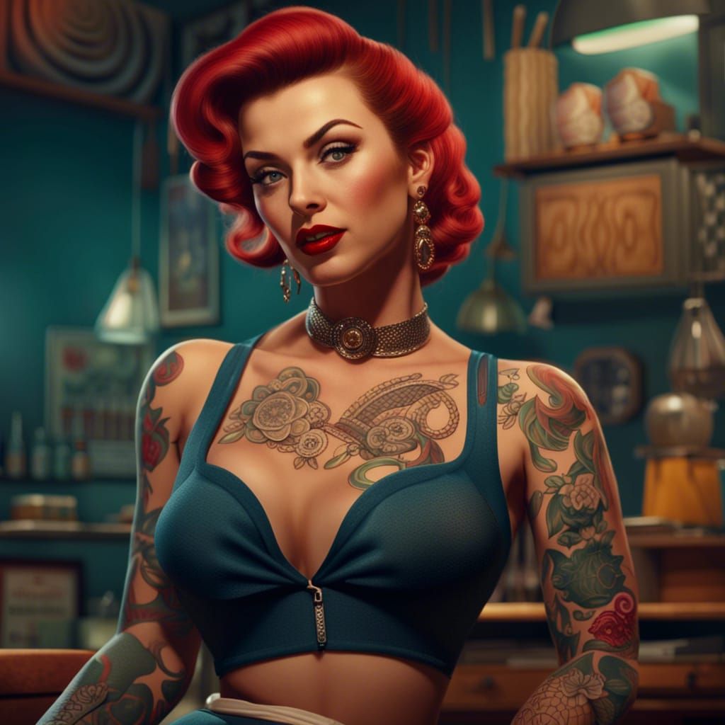 Tattooed 1950s Pinup Woman in Detailed Digital Painting