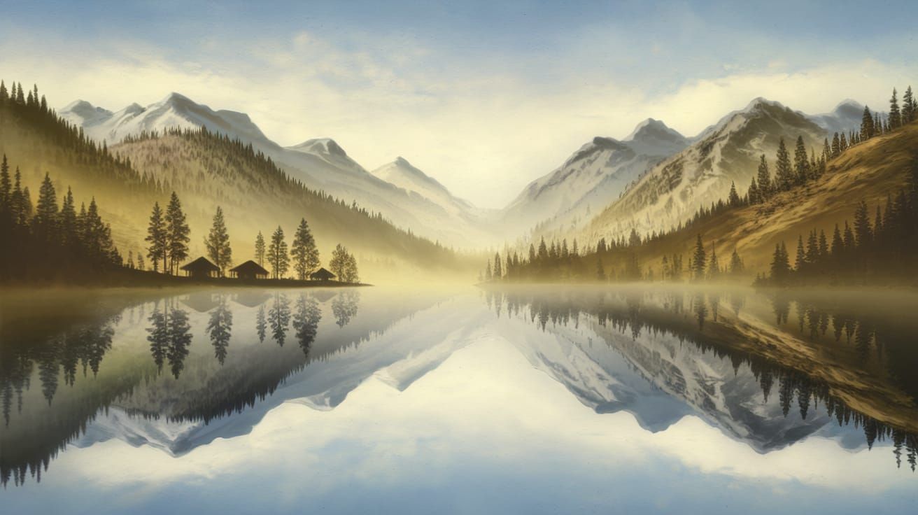 Calm Lake Mountain Reflection in Airbrush Style