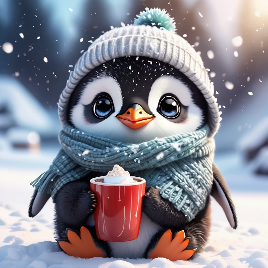 Cute Chibi Penguin in Hat and Scarf with Hot Chocolate
