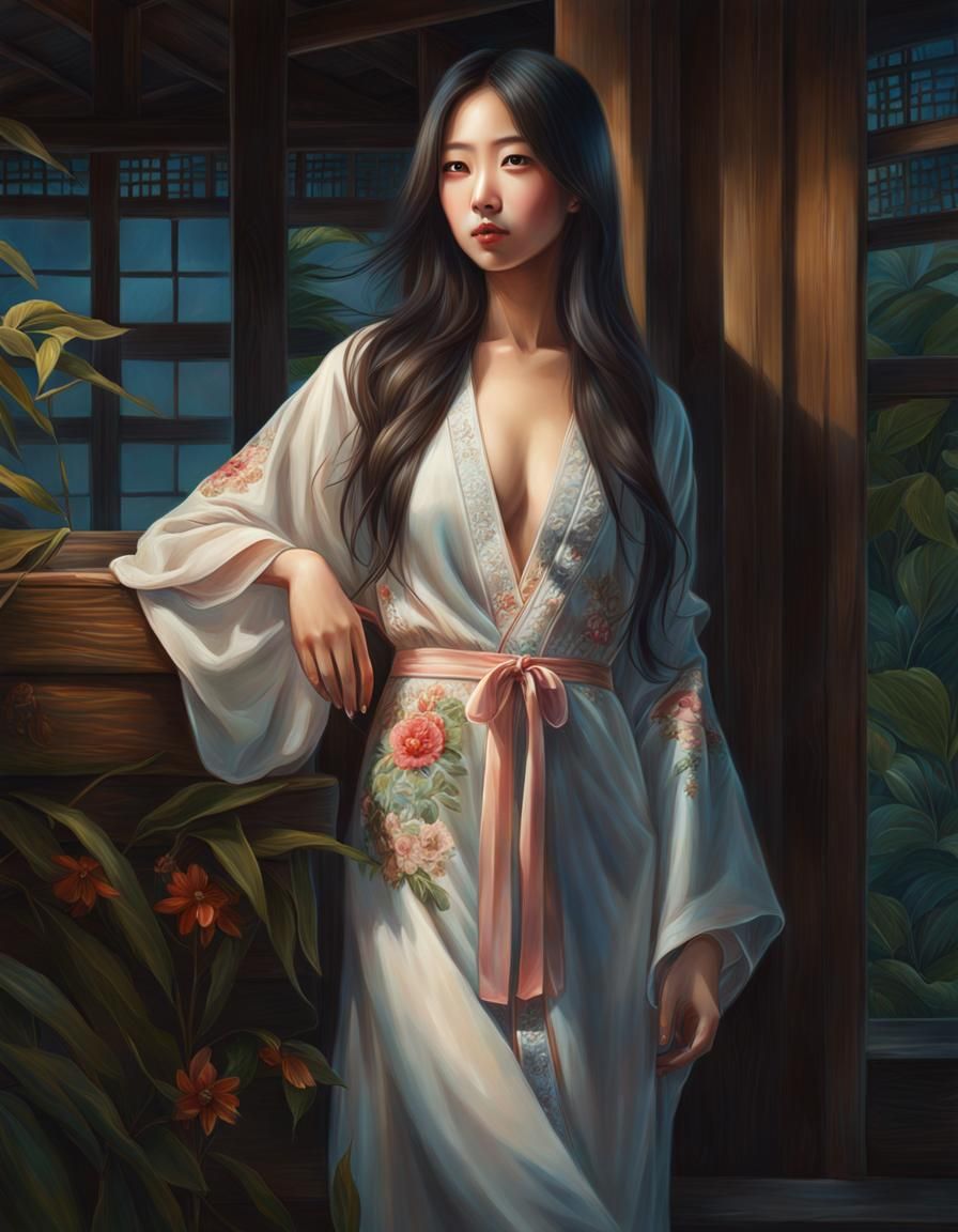 Bosomy Woman in Nightgown: Mixed Media Painting