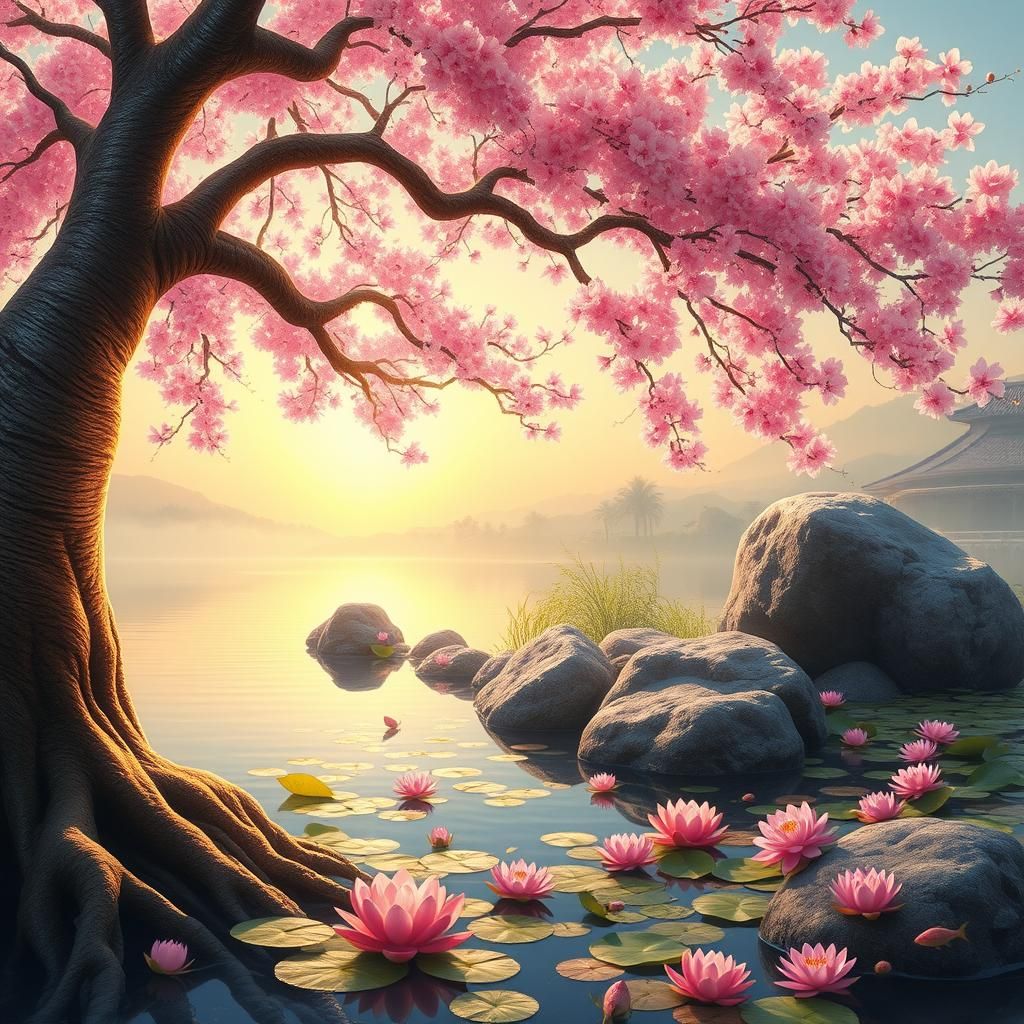 Cherry Blossom Tree at Sunrise: Ethereal Landscape